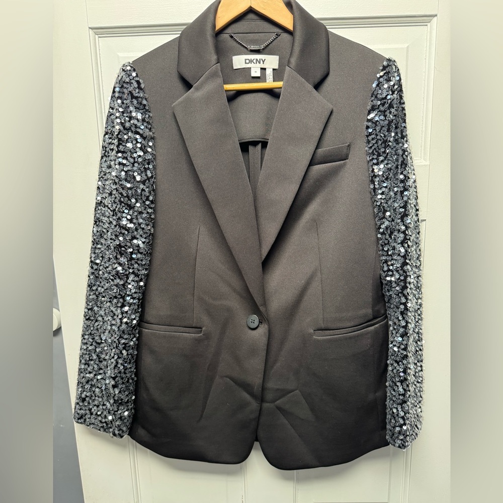 DKNY Black Satin Blazer with Silver Sequin Sleeves Celebration Holidays Party